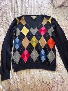Talbots Navy V-Neck Argyle Sweater with Multicolor Diamonds